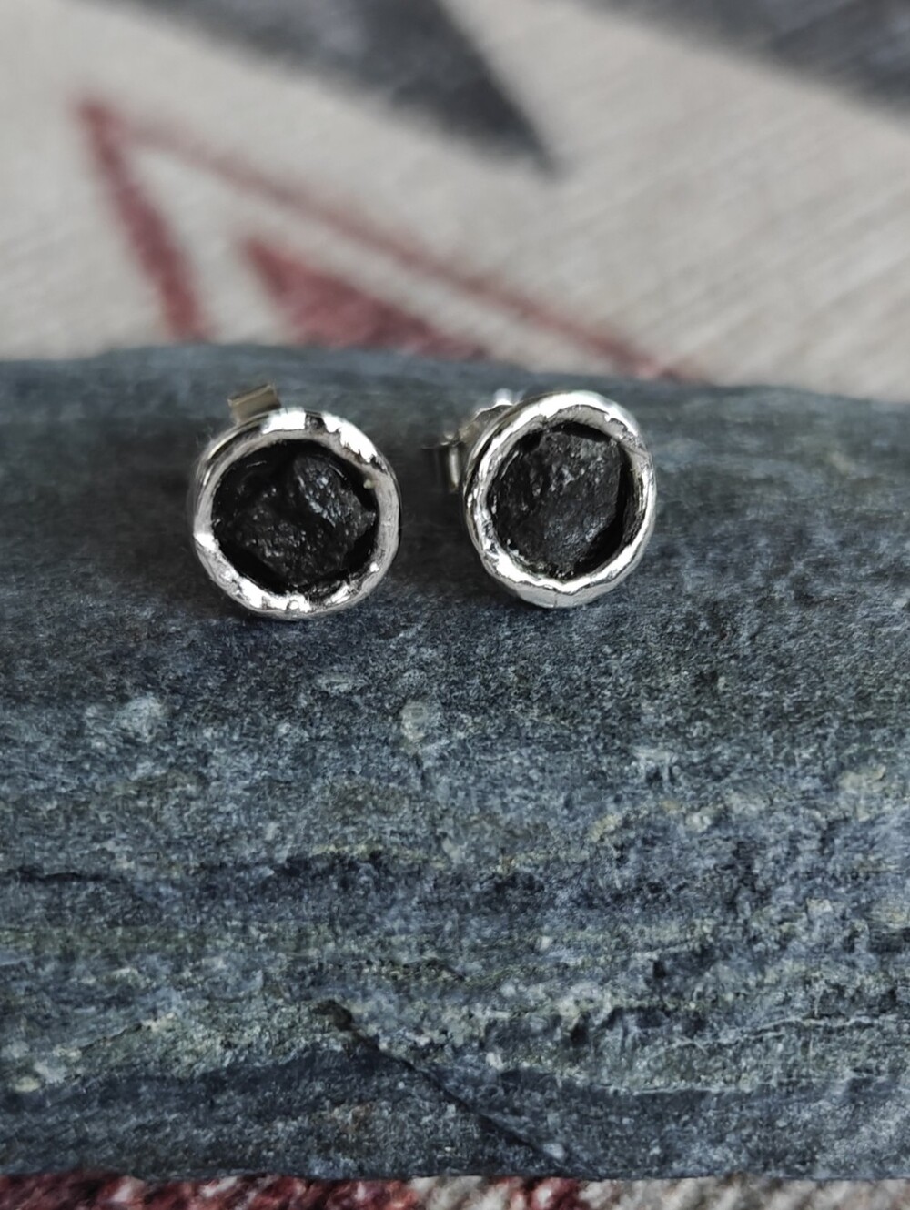 Handmade Sterling Silver Black Icelandic Lava Stone Stud Earrings